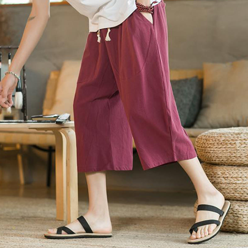 Solid Color Mid-length Linen Men's Wide Leg Pants With Pockets