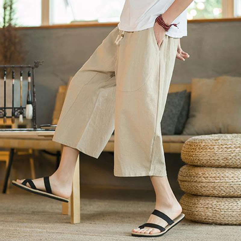 Solid Color Mid-length Linen Men's Wide Leg Pants With Pockets