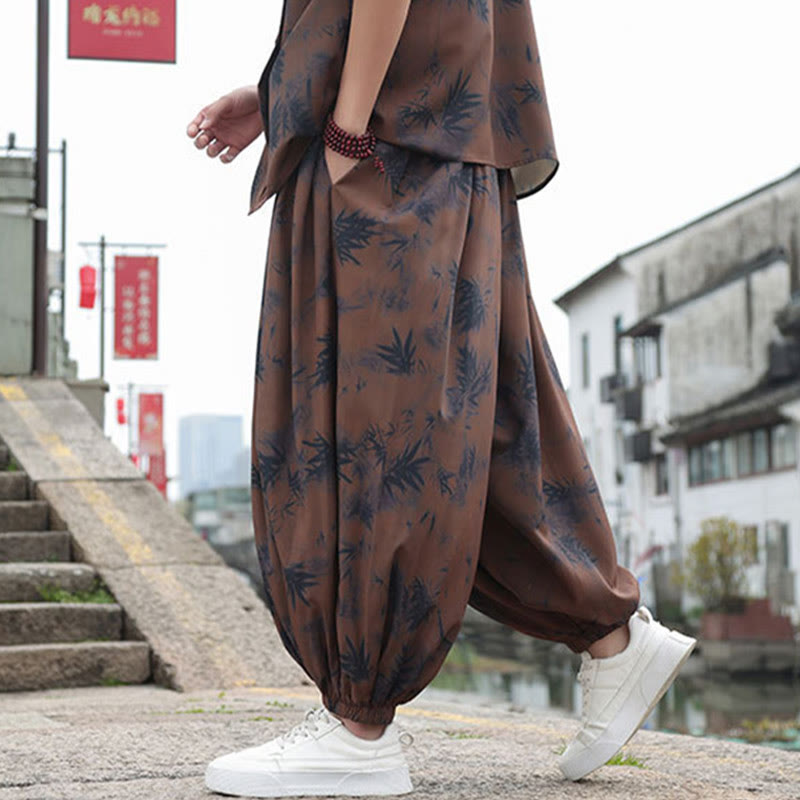 Bamboo Leaves Pattern Loose Men's Harem Pants With Pockets