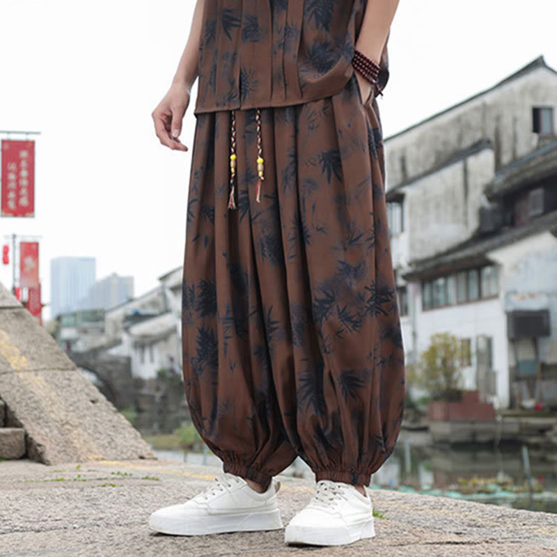 Bamboo Leaves Pattern Loose Men's Harem Pants With Pockets
