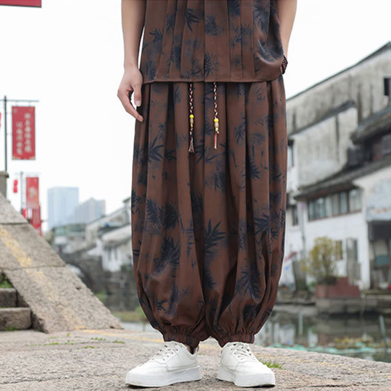 Bamboo Leaves Pattern Loose Men's Harem Pants With Pockets