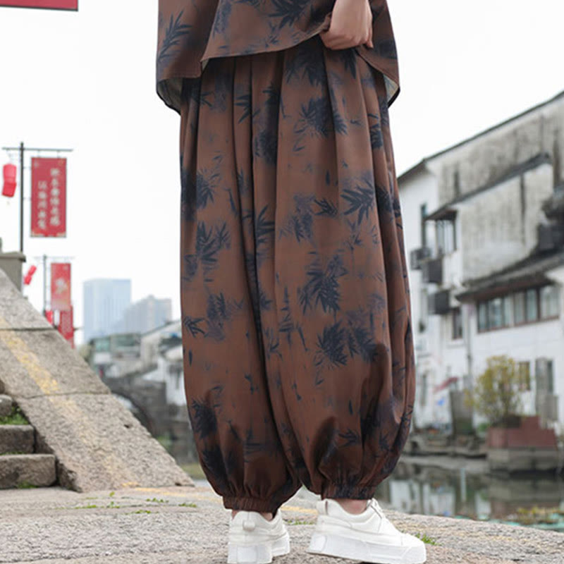 Bamboo Leaves Pattern Loose Men's Harem Pants With Pockets