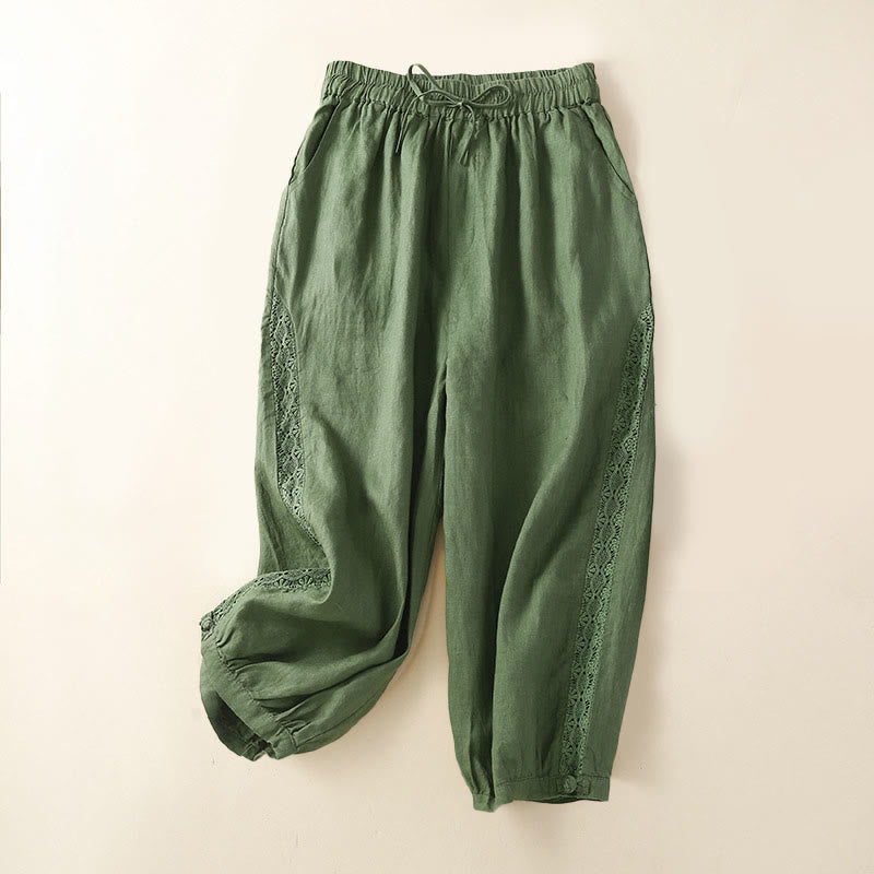 Solid Color Flower Loose Drawstring Harem Pants With Pockets