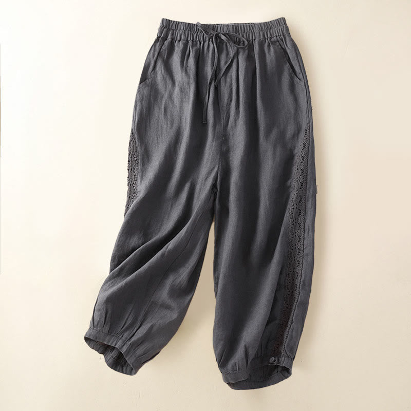 Solid Color Flower Loose Drawstring Harem Pants With Pockets