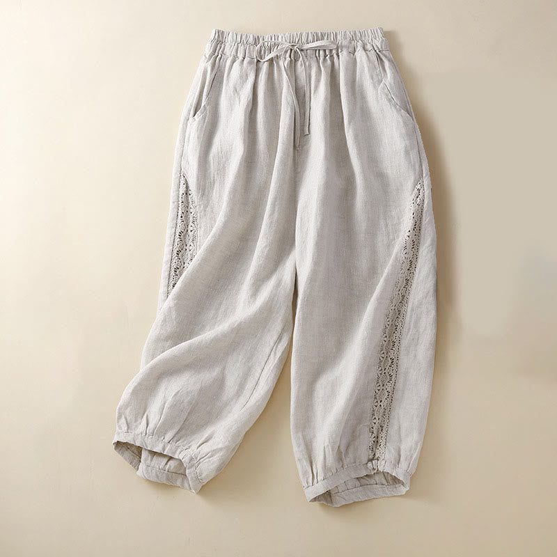 Solid Color Flower Loose Drawstring Harem Pants With Pockets
