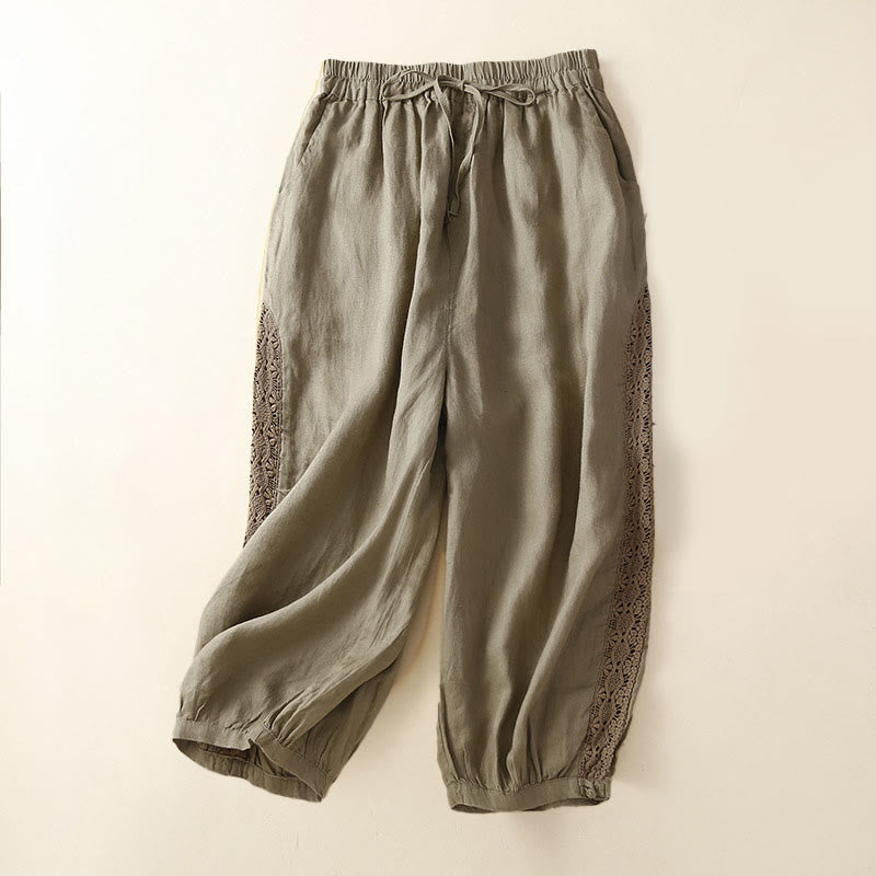Solid Color Flower Loose Drawstring Harem Pants With Pockets