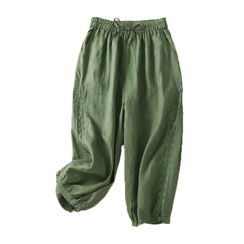 Solid Color Flower Loose Drawstring Harem Pants With Pockets