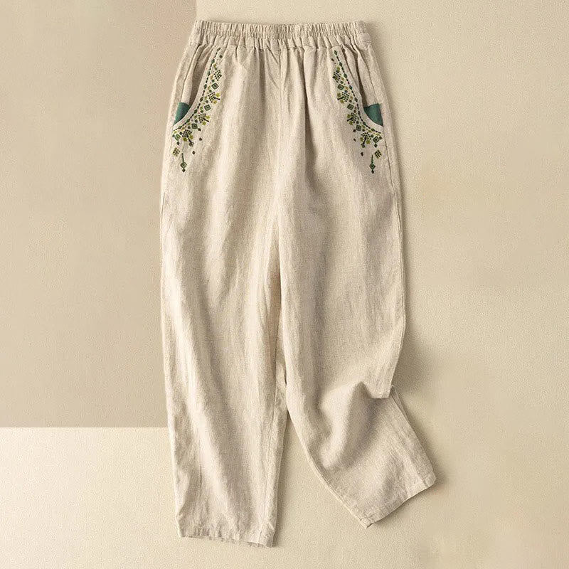 Vintage Embroidery Elastic Waist Capri Harem Pants With Pockets