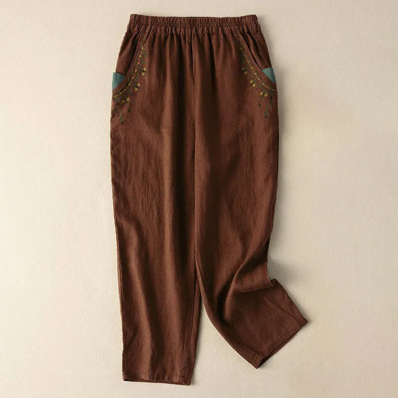 Vintage Embroidery Elastic Waist Capri Harem Pants With Pockets