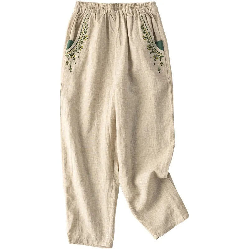 Vintage Embroidery Elastic Waist Capri Harem Pants With Pockets