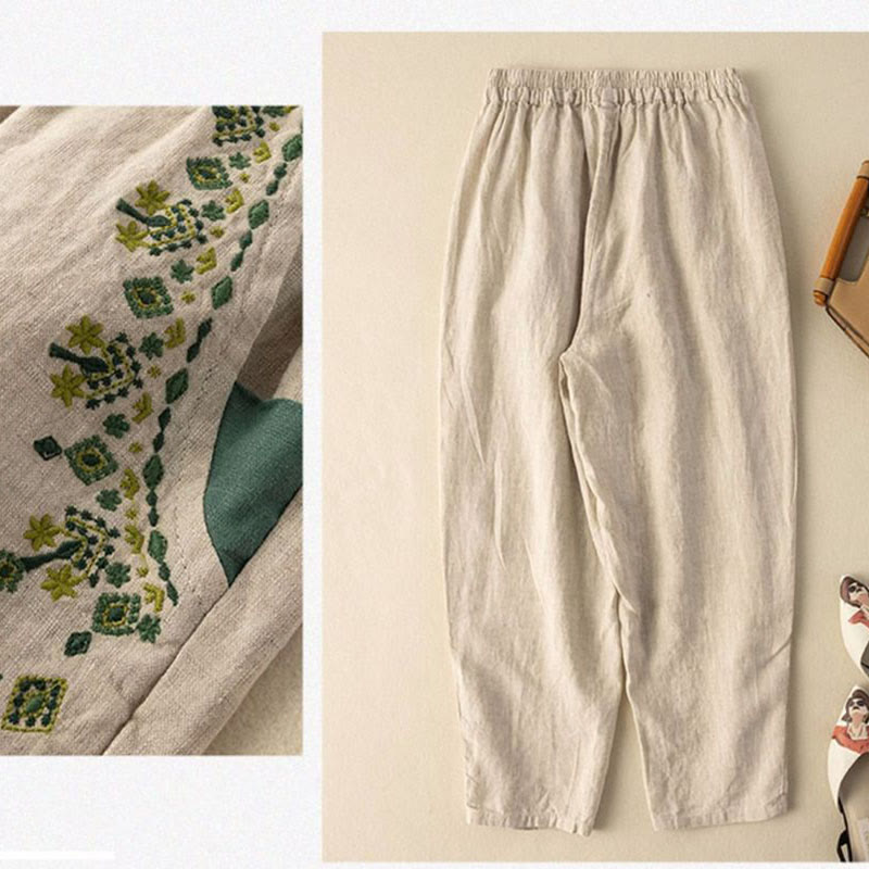 Vintage Embroidery Elastic Waist Capri Harem Pants With Pockets