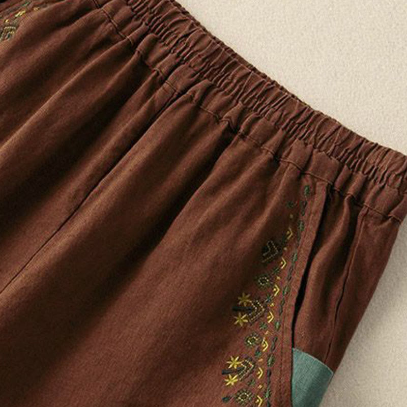 Vintage Embroidery Elastic Waist Capri Harem Pants With Pockets