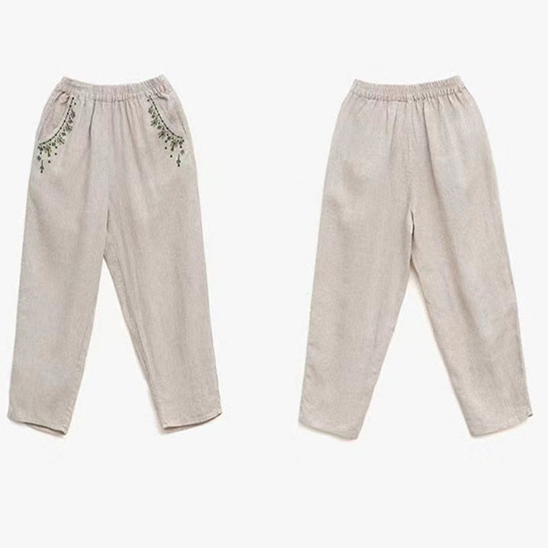 Vintage Embroidery Elastic Waist Capri Harem Pants With Pockets