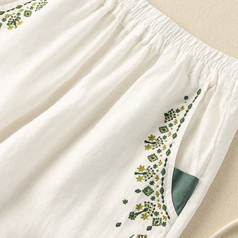Vintage Embroidery Elastic Waist Capri Harem Pants With Pockets