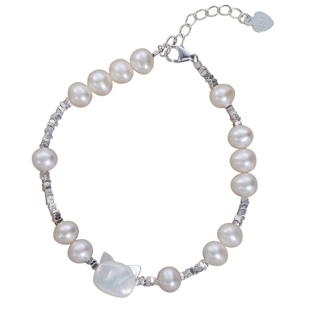 Refined Sterling Silver Chain Bracelet with Tridacna, Pearl & Cat Head Design