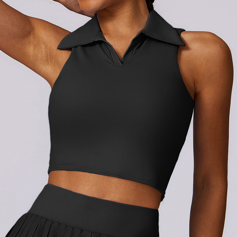 Polo Collar Crop Tank Top Tennis Skirts Pleated Shorts With Pocket Sports Yoga Outfits