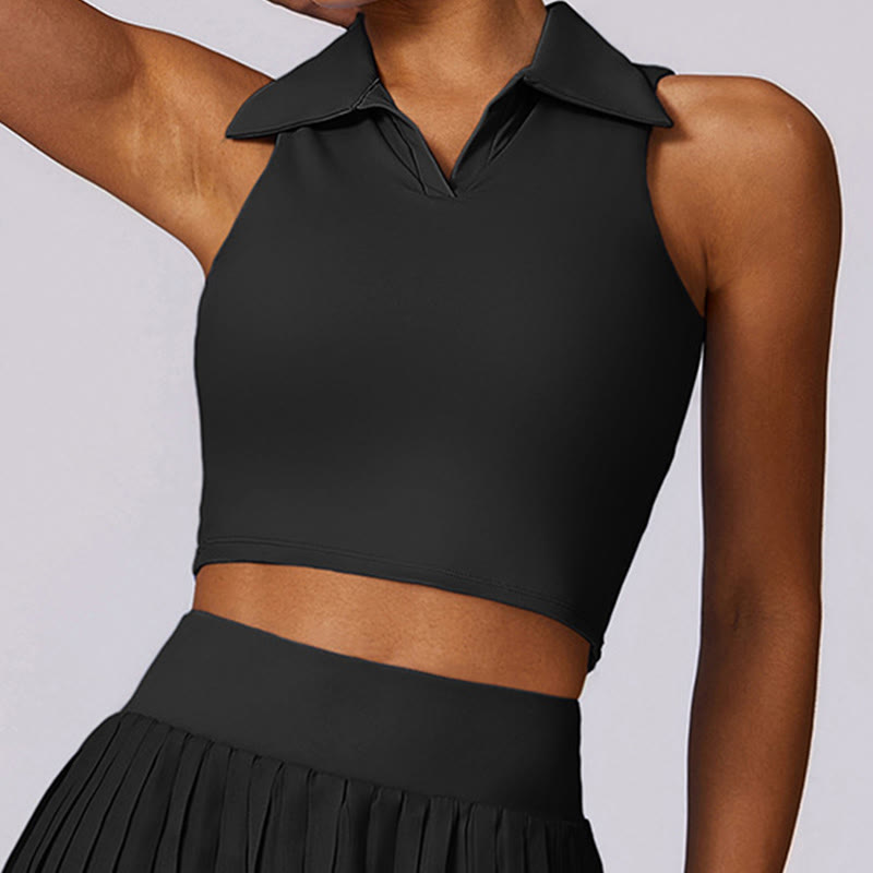 Polo Collar Crop Tank Top Tennis Skirts Pleated Shorts With Pocket Sports Yoga Outfits