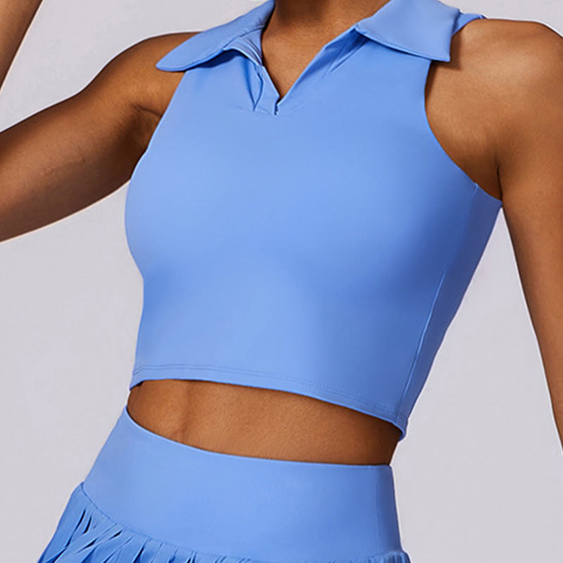 Polo Collar Crop Tank Top Tennis Skirts Pleated Shorts With Pocket Sports Yoga Outfits