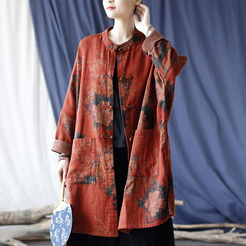 Orange Peony Flower Cotton Linen Frog-Button Open Front Jacket With Pockets