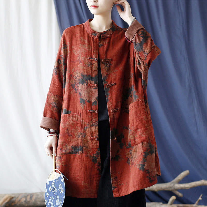 Orange Peony Flower Cotton Linen Frog-Button Open Front Jacket With Pockets