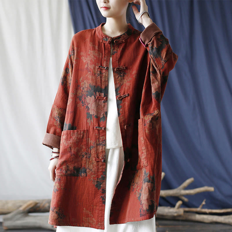 Orange Peony Flower Cotton Linen Frog-Button Open Front Jacket With Pockets