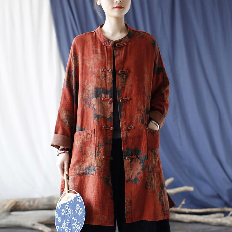 Orange Peony Flower Cotton Linen Frog-Button Open Front Jacket With Pockets