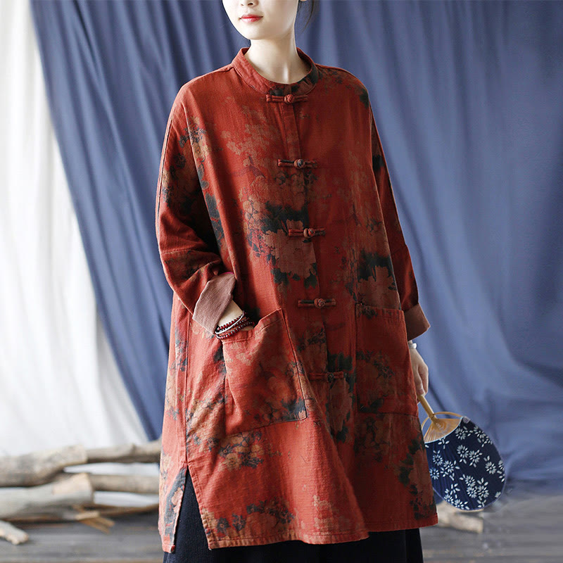Orange Peony Flower Cotton Linen Frog-Button Open Front Jacket With Pockets