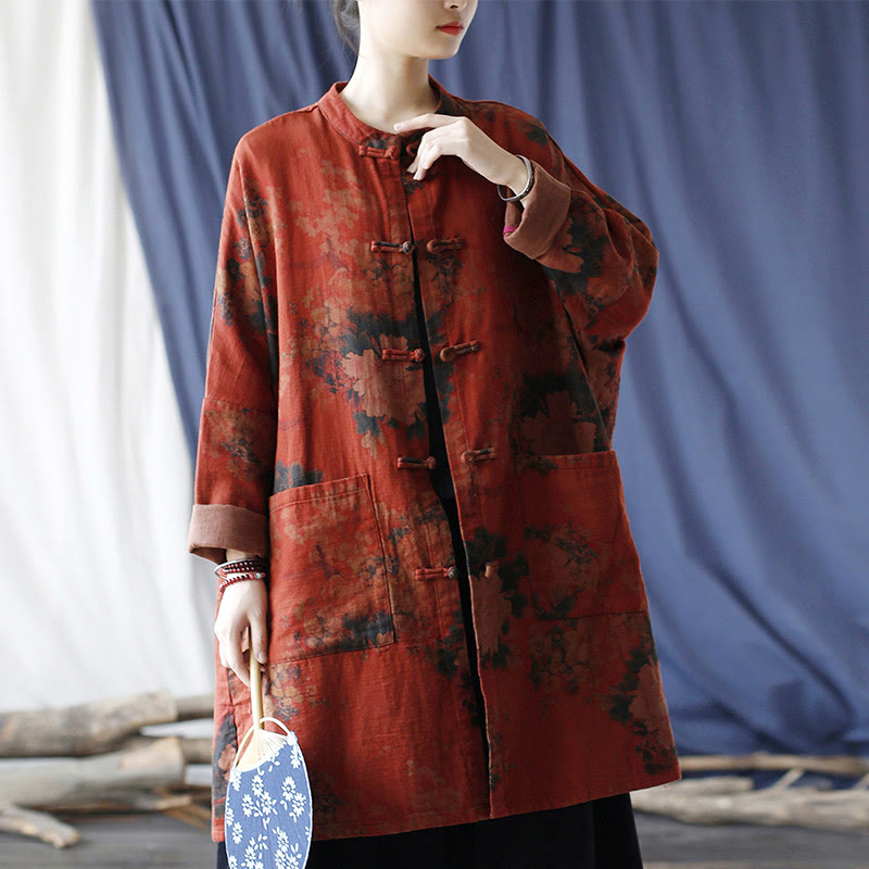 Orange Peony Flower Cotton Linen Frog-Button Open Front Jacket With Pockets