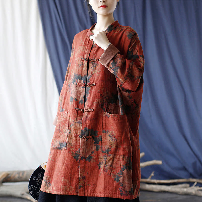 Orange Peony Flower Cotton Linen Frog-Button Open Front Jacket With Pockets