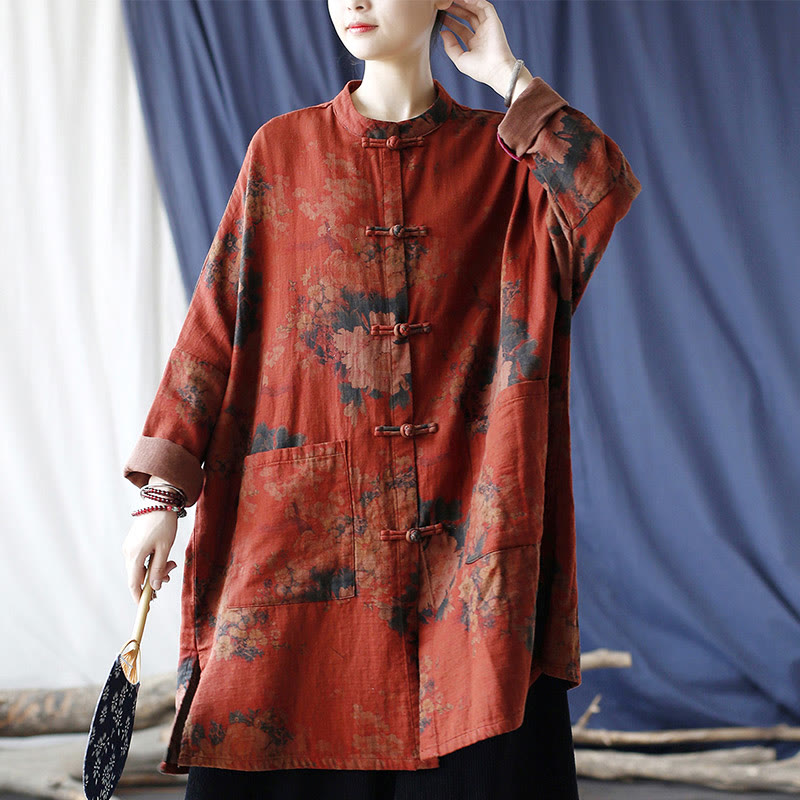 Orange Peony Flower Cotton Linen Frog-Button Open Front Jacket With Pockets