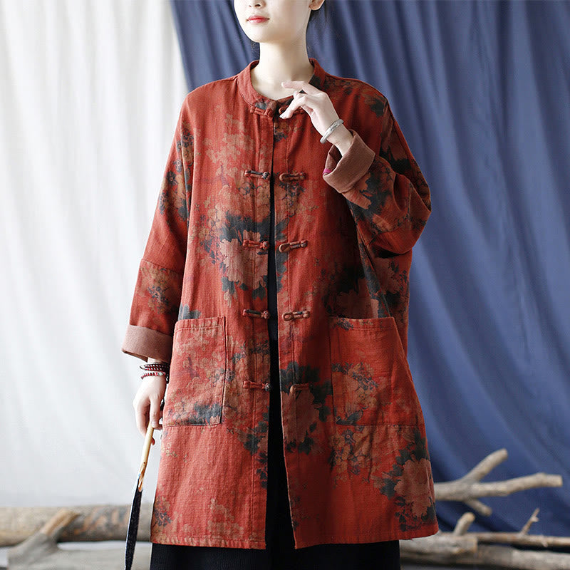 Orange Peony Flower Cotton Linen Frog-Button Open Front Jacket With Pockets