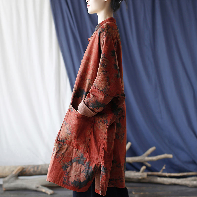 Orange Peony Flower Cotton Linen Frog-Button Open Front Jacket With Pockets