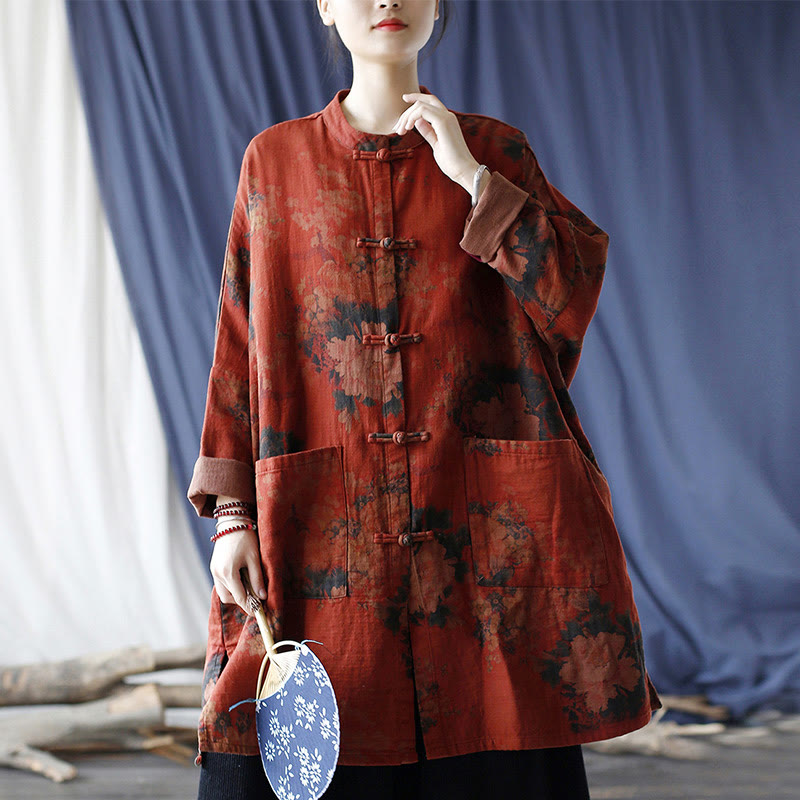 Orange Peony Flower Cotton Linen Frog-Button Open Front Jacket With Pockets
