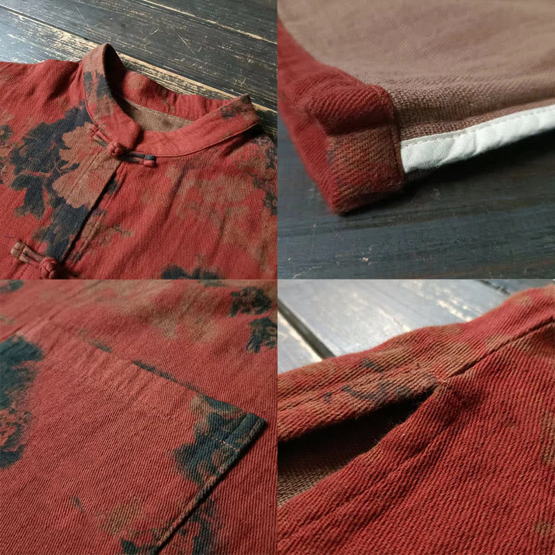 Orange Peony Flower Cotton Linen Frog-Button Open Front Jacket With Pockets