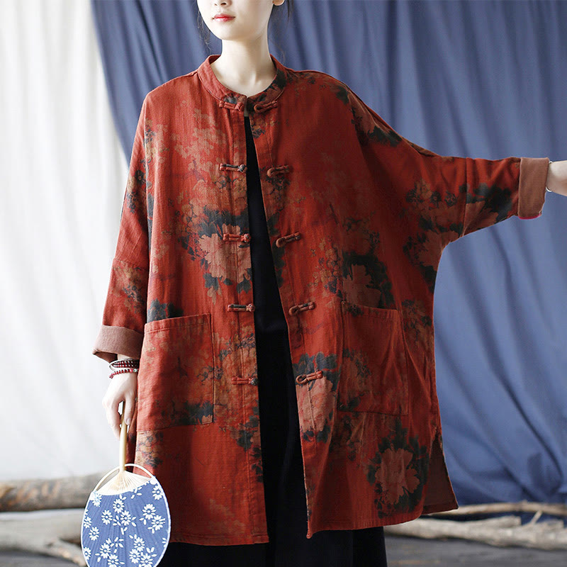 Orange Peony Flower Cotton Linen Frog-Button Open Front Jacket With Pockets