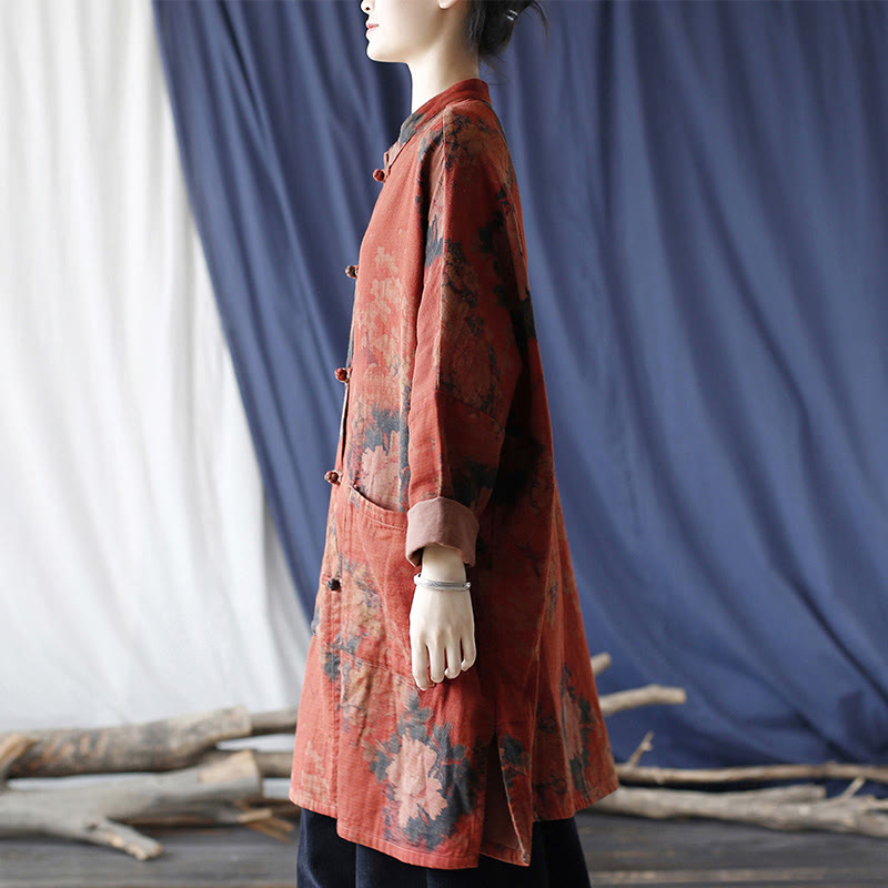 Orange Peony Flower Cotton Linen Frog-Button Open Front Jacket With Pockets