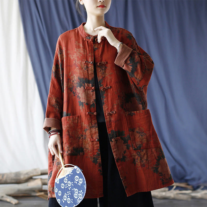 Orange Peony Flower Cotton Linen Frog-Button Open Front Jacket With Pockets