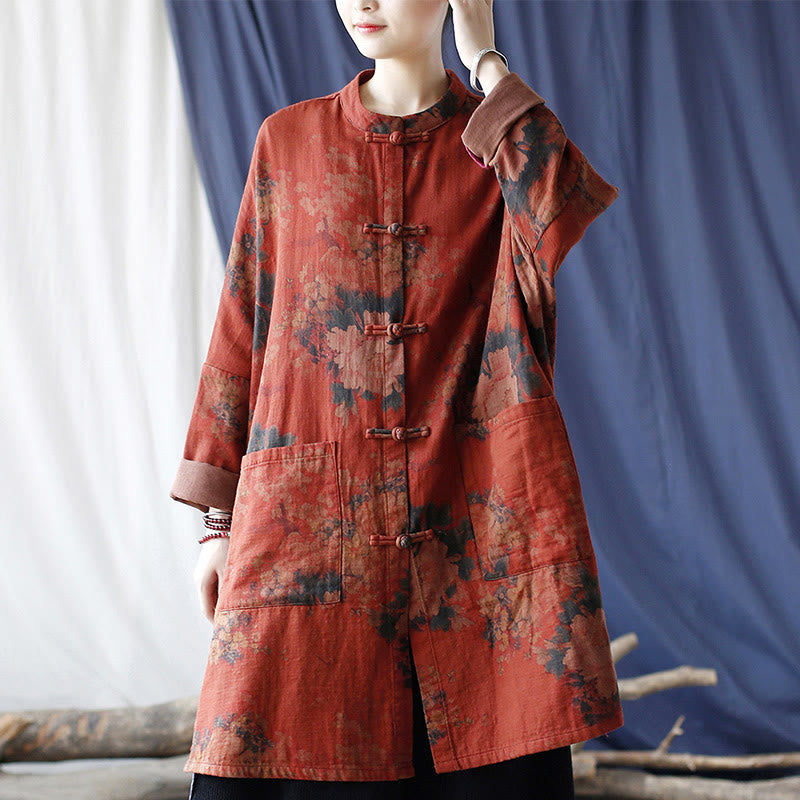 Orange Peony Flower Cotton Linen Frog-Button Open Front Jacket With Pockets