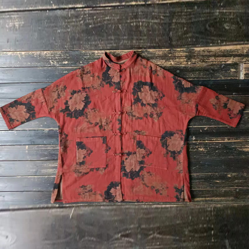 Orange Peony Flower Cotton Linen Frog-Button Open Front Jacket With Pockets