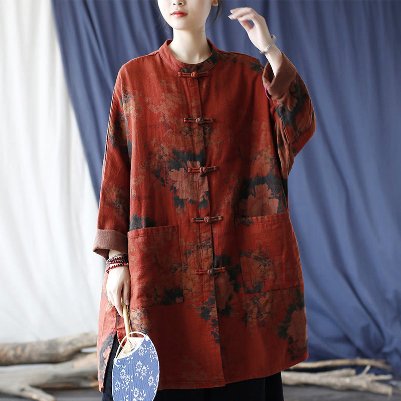 Orange Peony Flower Cotton Linen Frog-Button Open Front Jacket With Pockets