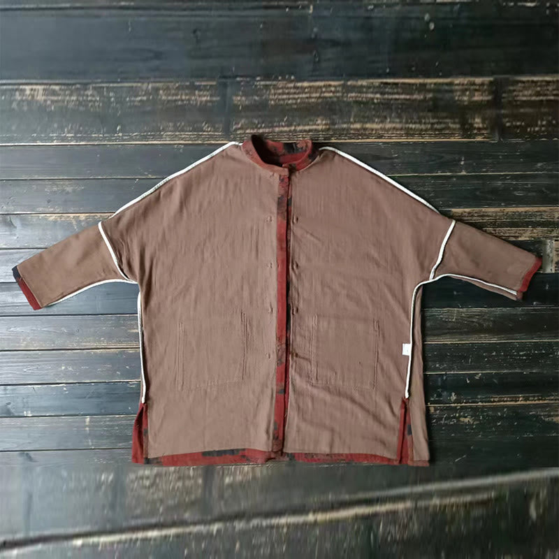Orange Peony Flower Cotton Linen Frog-Button Open Front Jacket With Pockets