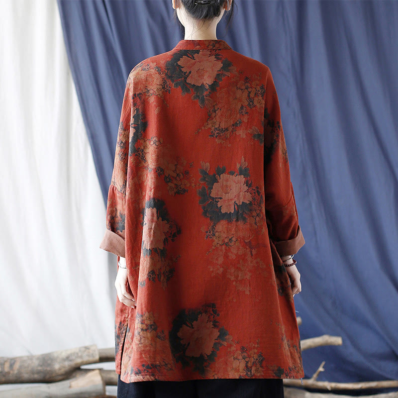 Orange Peony Flower Cotton Linen Frog-Button Open Front Jacket With Pockets