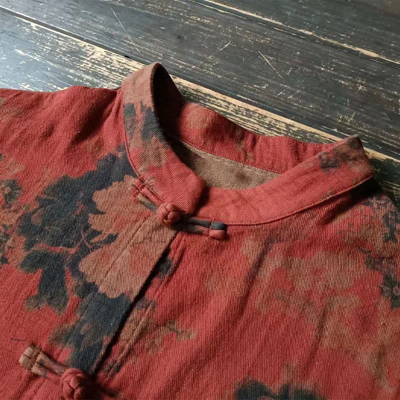 Orange Peony Flower Cotton Linen Frog-Button Open Front Jacket With Pockets