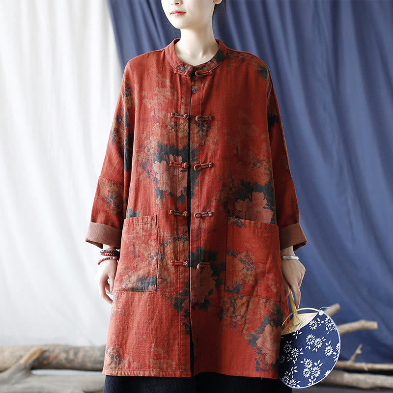 Orange Peony Flower Cotton Linen Frog-Button Open Front Jacket With Pockets