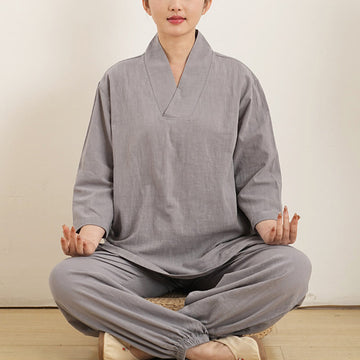 2Pcs V-Neck Three Quarter Sleeve Shirt Top Pants Meditation Zen Tai Chi Cotton Linen Clothing Women's Set