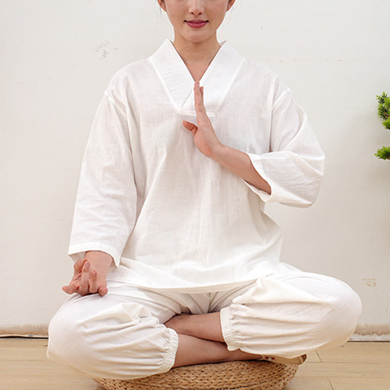 2Pcs V-Neck Three Quarter Sleeve Shirt Top Pants Meditation Zen Tai Chi Cotton Linen Clothing Women's Set