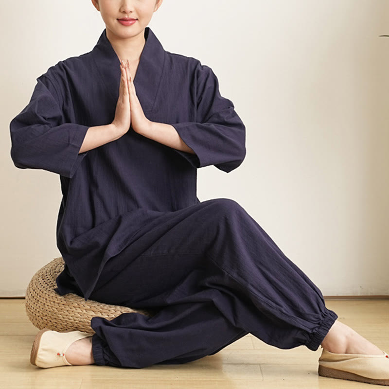 2Pcs V-Neck Three Quarter Sleeve Shirt Top Pants Meditation Zen Tai Chi Cotton Linen Clothing Women's Set