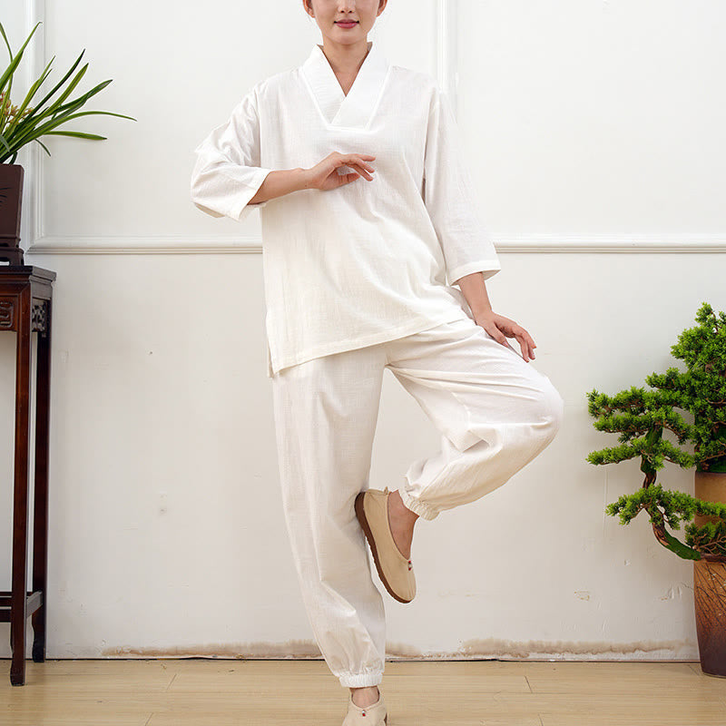 2Pcs V-Neck Three Quarter Sleeve Shirt Top Pants Meditation Zen Tai Chi Cotton Linen Clothing Women's Set