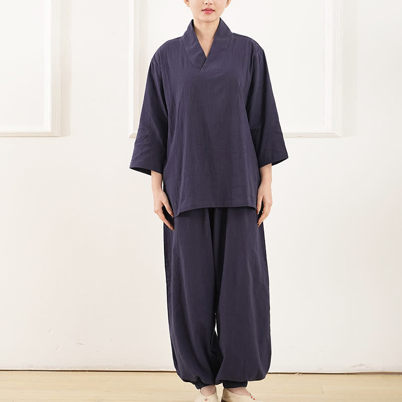 2Pcs V-Neck Three Quarter Sleeve Shirt Top Pants Meditation Zen Tai Chi Cotton Linen Clothing Women's Set