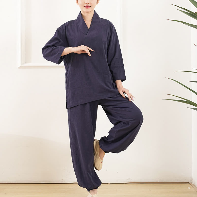 2Pcs V-Neck Three Quarter Sleeve Shirt Top Pants Meditation Zen Tai Chi Cotton Linen Clothing Women's Set